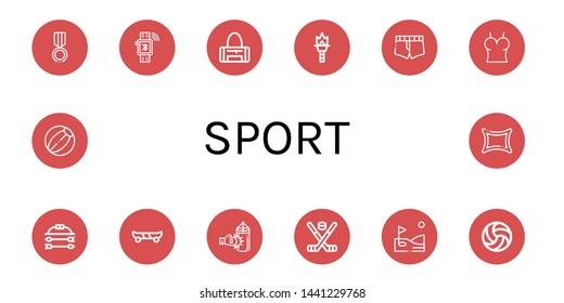 Set of sport icons such as Medal, Smartwatch, Sport bag, Torch, Short, Top, Bow and arrow, Skate board, Punching bag, Hockey stick, Golf, Volleyball, Beach ball, Rune , sport
