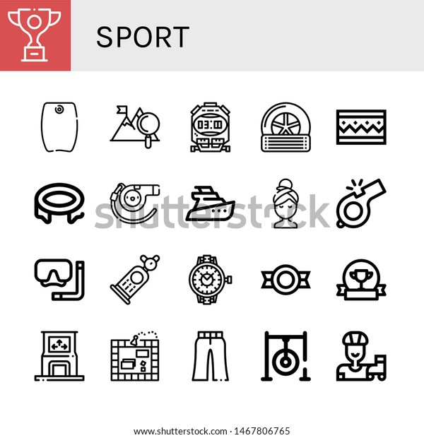 Set\
of sport icons such as Trophy, Bodyboard, Mountain, Stopwatch,\
Tyre, Bracelet, Trampoline, Whistle, Yatch, Relax, Diving mask,\
Car, Watch, Medal, Award, Dance, Board game ,\
sport