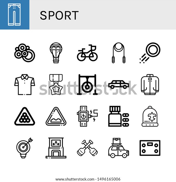 Set of\
sport icons such as Trousers, Carpet, Air balloon, Bike, Skipping\
rope, Puck, Polo shirt, Medal, Darts target, Limousine, Long\
sleeve, Billiard, Uneven, Smartwatch ,\
sport