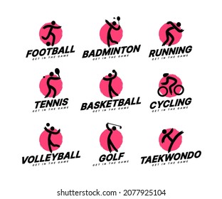 Juego de torneo de íconos deportivos, concepto de logotipo de club deportivo. Resumen de ilustraciones vectoriales de diseño de símbolos deportivos. Correr, fútbol, Badminton, tenis, golf, ciclismo, voleibol, baloncesto, taekwondo