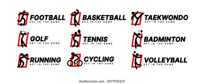 Set of sport icons tournament, Sport club logotype concept. Abstract sport symbol design vector illustrations. Run, Football, Badminton, Tennis, Golf, Cycling, Volleyball, Basketball, Taekwondo