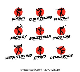 Set of sport icons tournament, Sport club logotype concept. Abstract sport symbol design vector illustrations. Boxing, Table tennis, Fencing, Archery, Equestrian, Shooting, Gymnastic