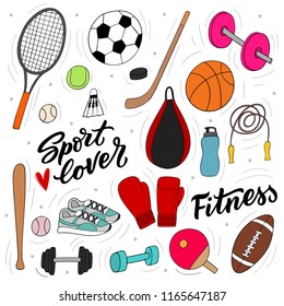 Set of sport inventory for print, banner. decor. Sport sticker collection. Lettering sport lover and fitness.