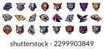 Set of sport logos animal mascots. Colorful large collection of mascots for sports clubs and teams. Bear, fox, wolf, tiger, lion, panther, puma, cougar, leopard, lynx, horse, hawk, eagle, dinosaur