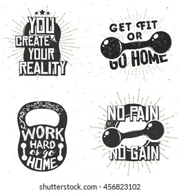 Set of sport logos, gym labels, inspirational and motivational typography badges with popular inspirational quotes.