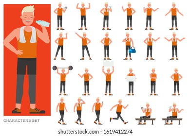 Set of Sport man character vector design. Presentation in various action with emotions, running, standing and walking. 