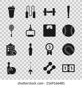 Set Sport mechanical scoreboard, Baseball ball, Tennis, Dumbbell, TPX loop training equipment, racket, Fitness shaker and Bathroom scales icon. Vector