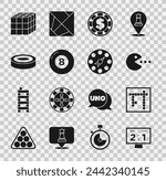Set Sport mechanical scoreboard, Bingo, Pacman with eat, Casino chip dollar, Billiard pool snooker ball, Checker game chips, Rubik cube and Twister icon. Vector