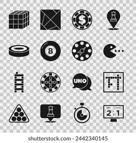 Set Sport mechanical scoreboard, Bingo, Pacman with eat, Casino chip dollar, Billiard pool snooker ball, Checker game chips, Rubik cube and Twister icon. Vector