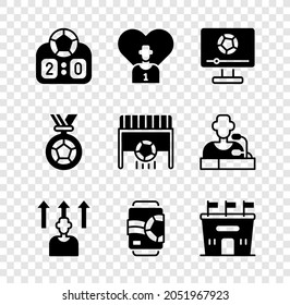 Set Sport mechanical scoreboard, Football soccer player, match on TV, Beer can, stadium, medal and goal with icon. Vector