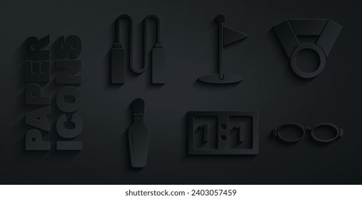 Set Sport mechanical scoreboard, Medal, Bowling pin, Glasses for swimming, Golf flag and Jump rope icon. Vector