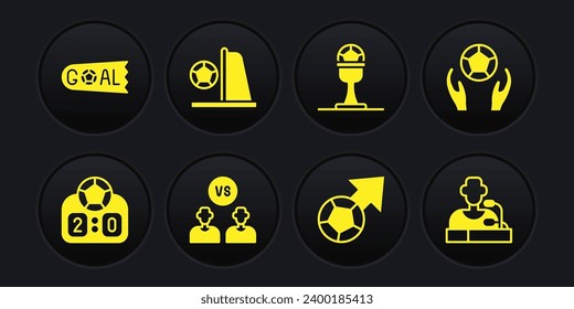 Set Sport mechanical scoreboard, Soccer football ball, Football soccer player, Award cup and, goal with, press conference and Goal icon. Vector