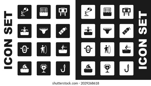Set Sport mechanical scoreboard, Swimming trunks, Water gymnastics, Kitesurfing, Aqualung, polo, skiing man and Boat with oars icon. Vector