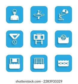 Set Sport mechanical scoreboard, Water polo, Swimming pool, volleyball net, Medal, Kitesurfing and Swimmer icon. Vector