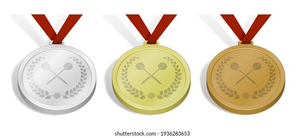 conjunto de medallas deportivas con emblema de flecha de dardos deportivos cruzados con laurel para la competencia de dardos. Premio de oro, plata y bronce con cinta azul. 3.ᵉʳ vector