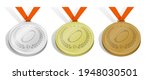set of sport medals with emblem of rugby ball with laurel wreath for competition. Gold, silver and bronze award with orange ribbon. 3d vector
