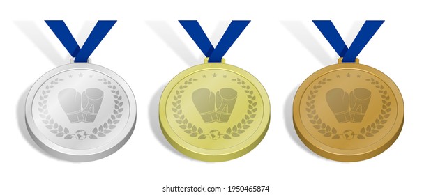set of sport medals with emblem of sports boxing gloves with laurel wreath for competition. Gold, silver and bronze award with blue ribbon. 3d vector