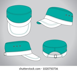 Set Sport Military Cadet Cap Design Turquoise/White Colors Vector.