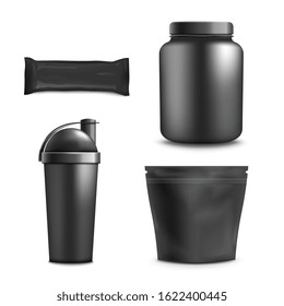 Set of sport nutrition container templates, realistic vector illustration isolated on white background. Black plastic jar, foil big and small packages and drink bottle.