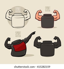 set sport nutrition icon, love fitness, health, idea for logo, sport nutrition shop concept, gym, power, strong hands, vector illustration