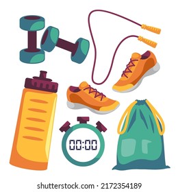Set Sport- und Objektausrüstung für Bewegung, Schauspiel, Duschglocke, Tasche, Wasserflasche, Stoppuhr und Schuhziehcartoon-Stil, Vektorgrafik