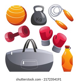 Set of Sport and object equipment for exercise, robe, dummbell, bag, water bottle and boxer gloves drawing cartoon style, vector illustration