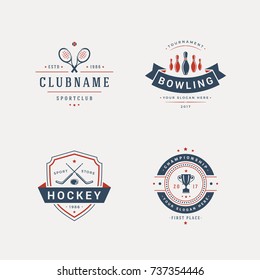 Set of sport objects in vintage silhouette style. Tennis, bowling and hockey elements.