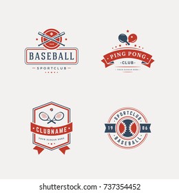 Set of sport objects in vintage silhouette style. Baseball, ping pong and tennis elements.
