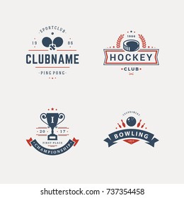 Set of sport objects in vintage silhouette style. Ping pong, bowling and hockey elements.