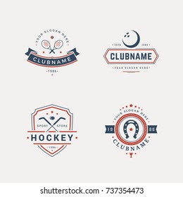 Set of sport objects in vintage silhouette style. Tennis, bowling, hockeq and horse race elements.