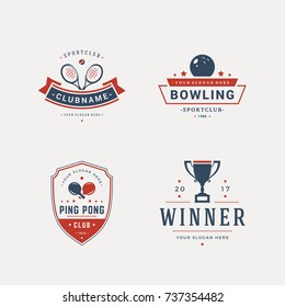 Set of sport objects in vintage silhouette style. Tennis, bowling and ping pong elements.