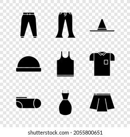 Set Sport pants, Pants, Gardener worker hat, socks, Woman dress, Skirt, Beanie and Sleeveless T-shirt icon. Vector