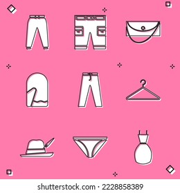 Set Sport pants, Short, Clutch bag, Christmas mitten, Pants, Hanger wardrobe, Oktoberfest hat and Men underpants icon. Vector