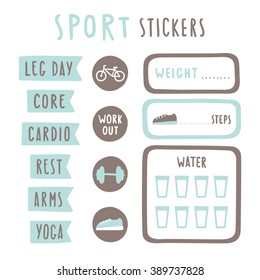 Set of sport planner stickers. Vector hand drawn illustration