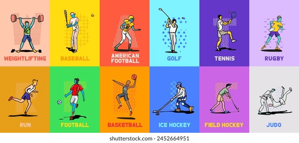 Set of sport players in different activities football, basketball, baseball, tennis, rugby, golf, American football. Trendy doodle art and abstract cartoon character