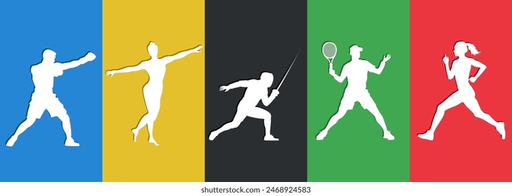 Set of sport players silhouettes isolated on colorful background. Flat sportspeople - gymnast, athlete, runner, fencer, boxer, tennis player. Сollection of hand-drawn athletes. 