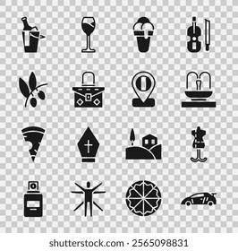 Set Sport racing car, Mannequin, Fountain, Ice cream, Handbag, Olives branch, Bottle of wine bucket and Location flag Italy icon. Vector