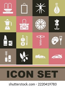 Set Sport racing car, Paint brush with palette, Mannequin, Vitruvian, Handbag, Coffee moca pot, Fountain and Pizza icon. Vector
