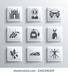 Set Sport racing car, Vitruvian Man, Woman dress, Perfume, Olives branch, Grape fruit, Milan Cathedral and Car icon. Vector