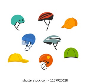 set of sport and recreational headgear, protection cycling climbing hockey american football helmets , baseball caps, skiing hat  graphic