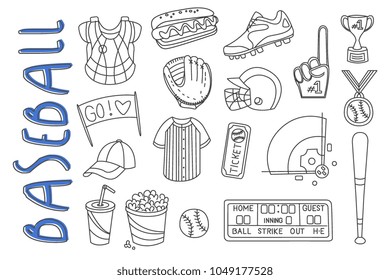 Set of sport related icons in doodle style. Baseball equipment, protective gear, snacks and cocktail, winners prizes. Isolated vector illustration