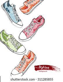 Set of sport shoes or sneakers icons in different views.Sketch. Footwear and lace, clothing and street style. Vector illustration.