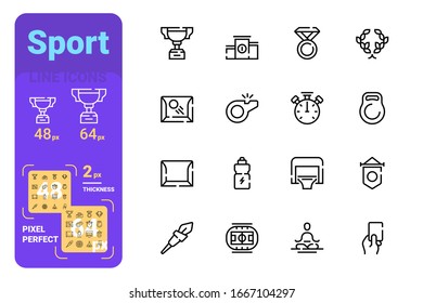 Set sport simple lines icons of medal, energy and meditation. Concept collection modern symbols for equipment, internet, ad, web. Pixel perfect. Vector illustration.