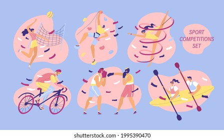 Set with sport situations. Climbing, gymnastics, boxing, cycling, volleyball, rowing. Vector illustration. Sport competitions, news, social media design. Flat style with cartoon people.