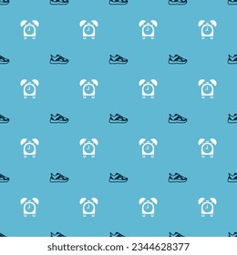 Set Sport sneakers and Alarm clock on seamless pattern. Vector