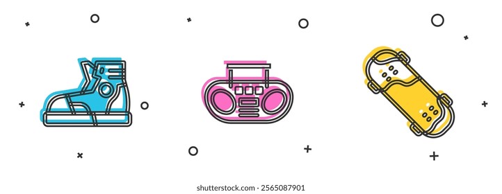 Set Sport sneakers, Home stereo with two speakers and Skateboard trick icon. Vector