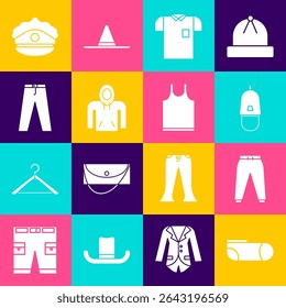 Set Sport socks, pants, Police cap with cockade, Polo shirt, Hoodie, Pants,  and Sleeveless T-shirt icon. Vector