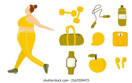 Set of sport sticker vector illustrations in cartoon style. Dumbbells, jump rope, sports bag, yoga mat, scales, smart watch, apple, wireless headphones, bottle of water, sport girl 