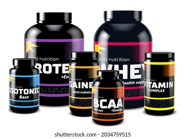 Set of sport supplement cans and jars. Sport food containers for fitness and healthy lifestyle. Protein, whey, gainer, BCAA, isotonic and vitamins