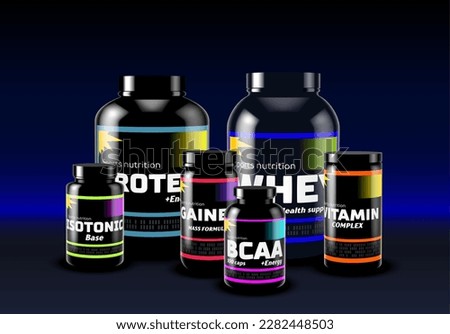 Set of sport supplement cans and jars. Sport food containers for fitness and healthy lifestyle. Protein, whey, gainer, BCAA, isotonic and vitamins.